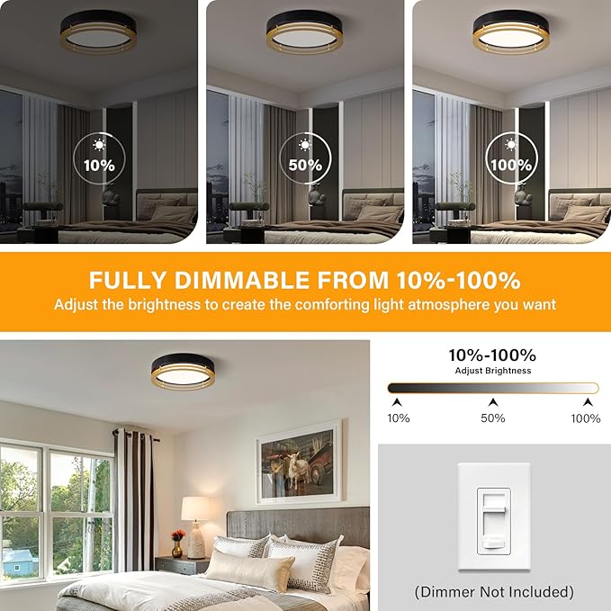 Dimmable Black and Gold Flush Mount Ceiling Light, Modern Round LED Ceiling Lights Fixture, Kitchen Flushmount Light for Bedroom Hallway Laundry Room 2700 K-6000 K 5CCT
