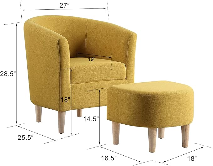 DAZONE Accent Chairs Set of 2 Mid Century Modern Chair with Ottoman Comfy ArmChair Footrest Set Comfortable Living Room Chairs Upholstered Barrel Club Tub Chair for Bedroom Reading Room Mustard Yellow