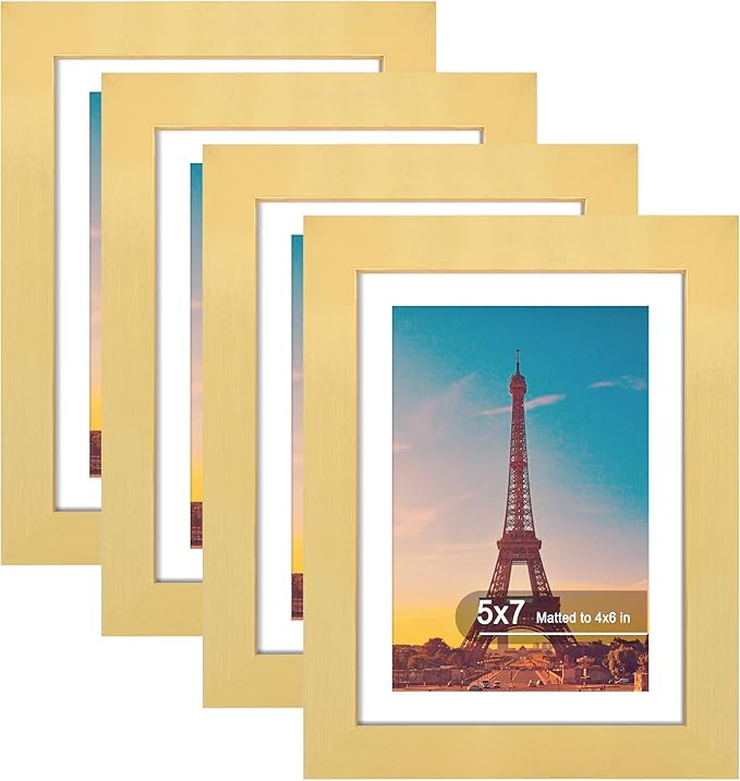 5x7 Picture Frame Set of 4, High Definition Real Glass, Display Pictures 4x6 with Mat or 5x7 Without Mat, Gallery Wall Hanging or Tabletop Photo Frames, Gold