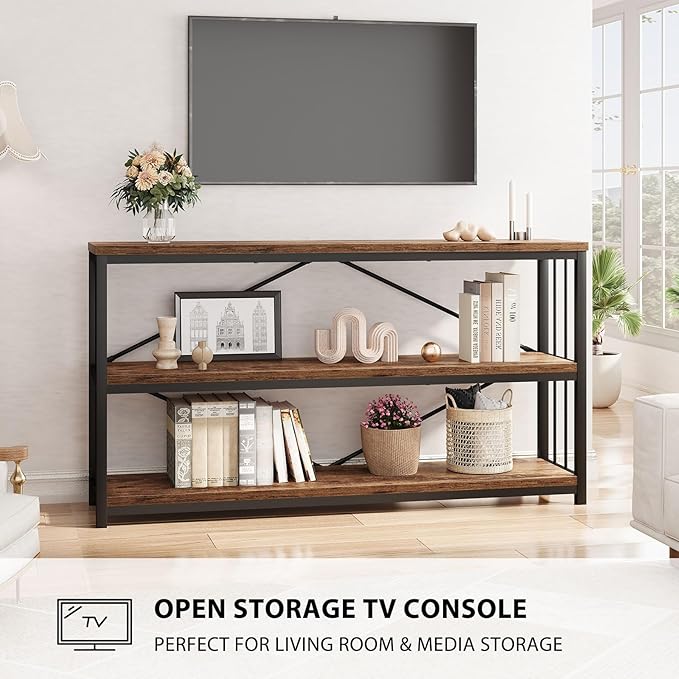 LVB Industrial Console Entryway Table, Metal Wood Rustic Sofa Table with Storage, Farmhouse 3 Tier Shelf Long Hallway Foyer Entry Tables Behind Couch for Home Living Room Entryway, Rustic Brown, 55 In