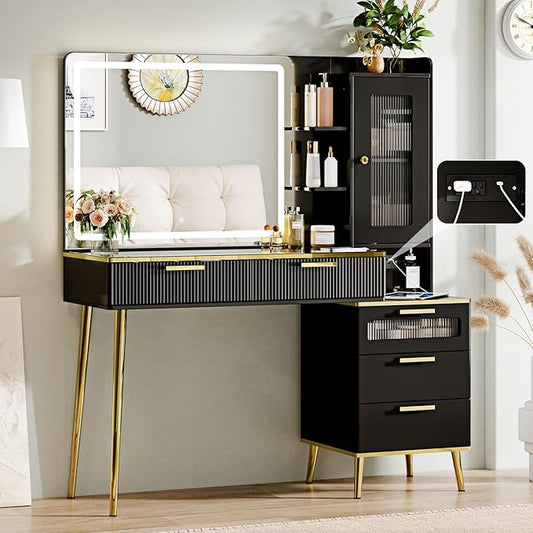 Vanity Desk with 29.53" HD Lighted Mirror, 47.24" Big Modern Vanity Desk with Mirror and Lights, Makeup Vanity with 5 Drawers and Storage Shelves and Charging Station, Black