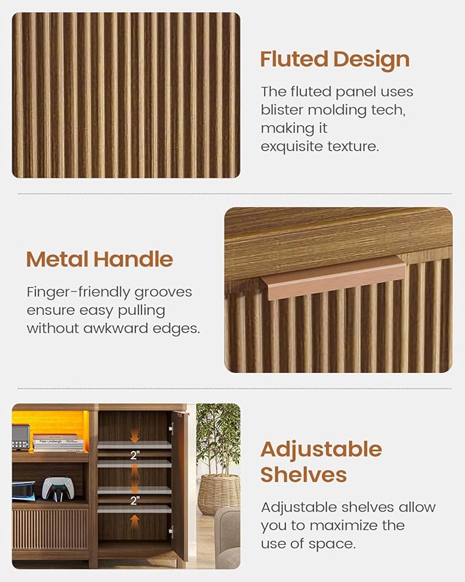 AOGLLATI Fluted TV Stand for Living Room, 71” Heavy-Duty TV Console Cabinet with Storage and Shelf, Mid Century Modern Television Stands with Drawers for 60/65/70/75/80 TV, Wood (Wood)