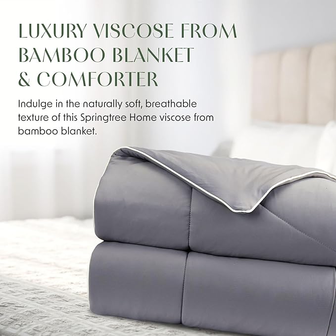 Springtree Home Luxury Viscose from Bamboo Blanket & Comforter | Viscose from Bamboo Comforter Queen Size -90" x 90" | Cooling Blanket | Breathable & Lightweight | Full/Queen - Titanium Grey