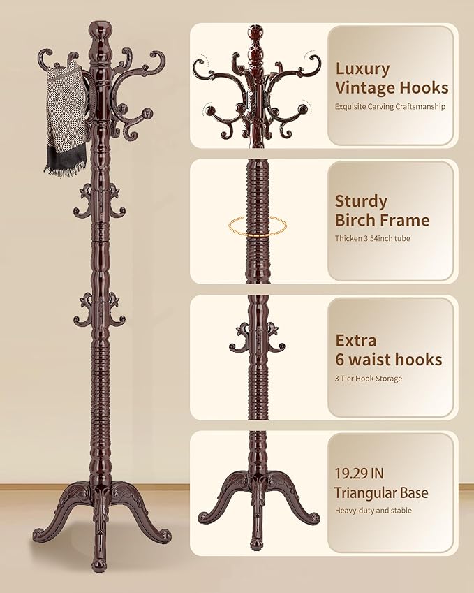 EZIVIEZ Wooden Coat Rack Stand, Solid Wood Freestanding Coat Rack, Vintage Coat Racks with 14 Hooks & Triangle Base, Standing Coat Hanger Jacket Tree Stand for Office, Entryway, Hallway