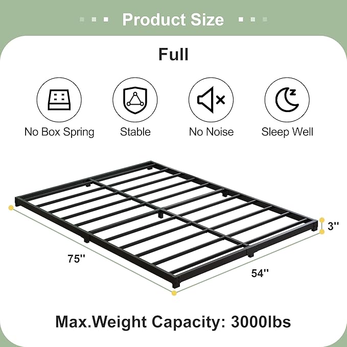 3 Inch Low Full Size Bed Frame Heavy Duty Metal Platform, No Box Spring Needed, Easy Assembly Mattress Foundation, No Noise, Black