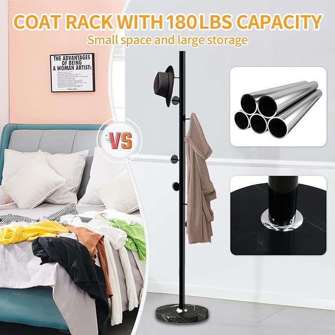 Metal Coat Rack Freestanding, Sturdy Coat Rack Stand with Natural Marble Base, Coat Racks Tree Hats Hanger Holder Stand for Entryway, Hallway, Bedroom(8 Hooks)