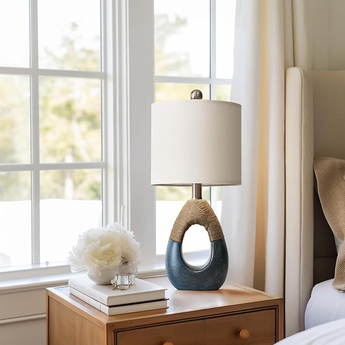 OYEARS 19" Boho Bedside Lamps Set of 2, Suitable for Small Spaces, Blue Table Lamps for Living Room & Coastal Farmhouse End Tables