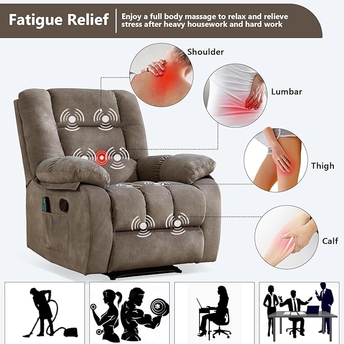 ANJHOME Overstuffed Massage Recliner Chairs with Heat and Vibration, Soft Fabric Single Manual Reclining Chair for Living Room Bedroom (Brown)