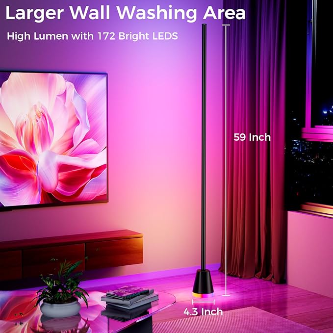 RGB Corner Floor Lamp, 60 Inch Bright Standing Lamps for Bedroom with APP and Remote Modern Floor Lamp Color Changing Ambience Light with Music Sync and 16 Million Colors