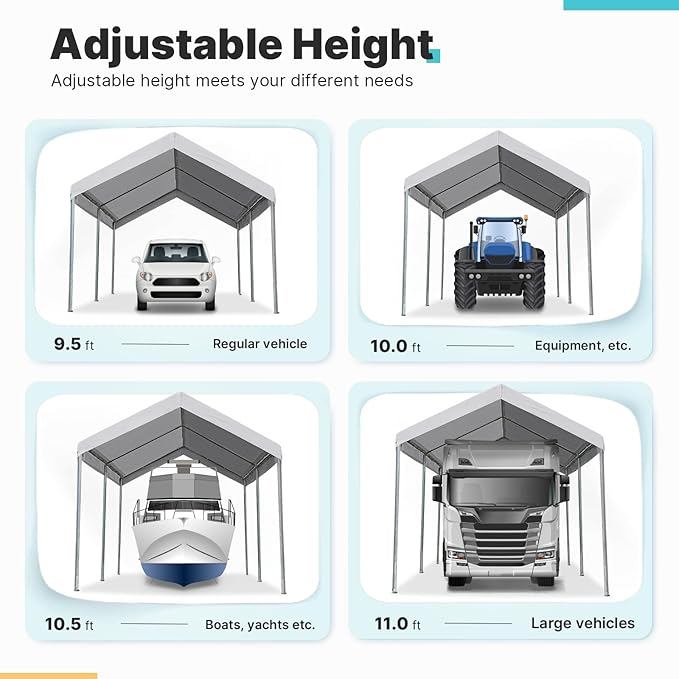 ADVANCE OUTDOOR 10x15 ft Heavy Duty Carport Potable Car Canopy Garage Party Tent Boat Shelter, Adjustable Height from 9.5 ft to 11 ft, Gray