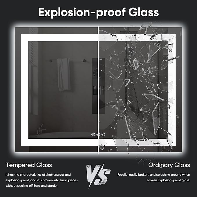 Antok 36"x 48" LED Bathroom Mirror with Lights, Anti-Fog, Dimmable, Lighted Vanity Mirror with Tempered Glass, Memory Function, 3 Light Modes, Safe Use, Horizontal, Vertical