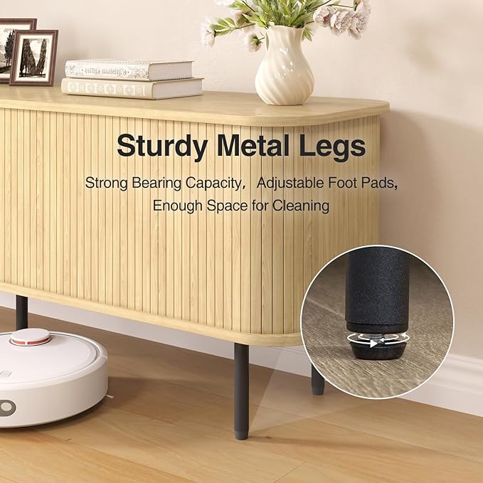 63" Natural Fluted TV Stand for TVs up to 75 Inch, Gaming Entertainment Center with Tambour Slatted Sliding Doors and Storage Cabinet, Media TV Consoles Table for Living Room, Office