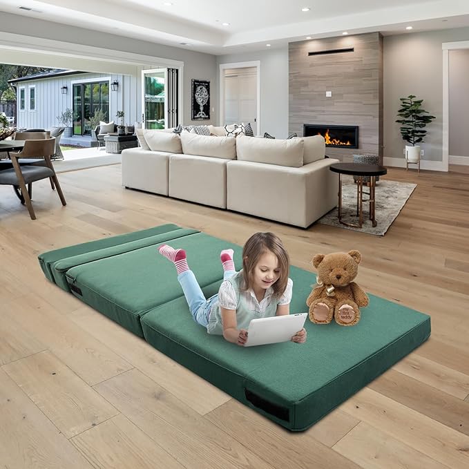 ANONER Memory Foam Fold Out Sofa Bed Couch with Pillow Twin Size Futon Sleeper Chair for Living Room Apartment, Dark Green