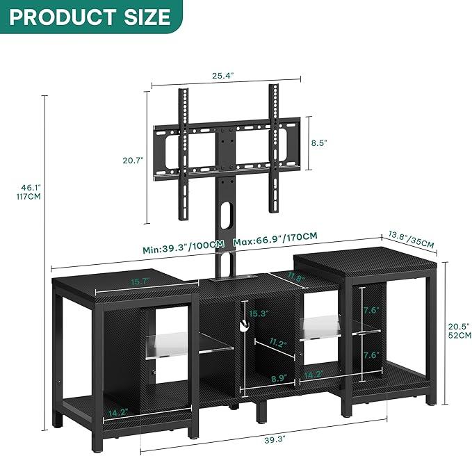 YITAHOME TV Stand with Mount for Living Room, Black Modern TV Stand for 70inch TV with Power Outlet & LED Lights, LED Entertainment Center, Gaming TV Console Cabinet, Black Carbon Fiber