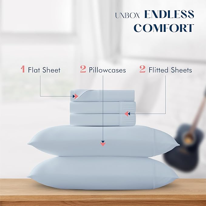 XOOX Linen Split King Sheets Sets for Adjustable Bed - 100% Cotton 500 Thread Count Split Head King Sheets (5 PC, Light Blue), Soft, Cooling Sateen Weave Sleep Number Deep Pocket Bed Sheet Set