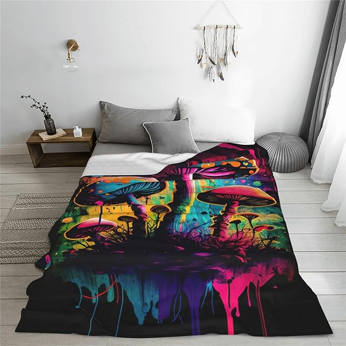 Mushroom Blanket Graffiti Throw Blankets Funky Mushroom Stuff Gifts for Men Women Boys Girls Adults Fleece Flannel Blanket Plush Bedding for Couch Sofa Bed Room Decor 50"X60"