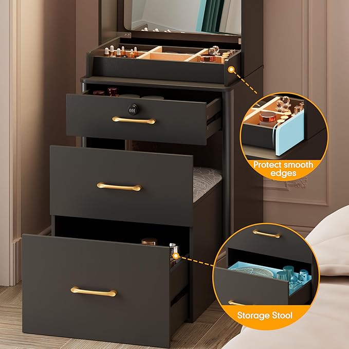 KAMABOKO Vanity Desk with Mirror and Lights, Large Makeup Vanity Table Set with Drawers & Cabinets & Power Outlet, 3 LED Lights Modes Adjustable (029 Black)