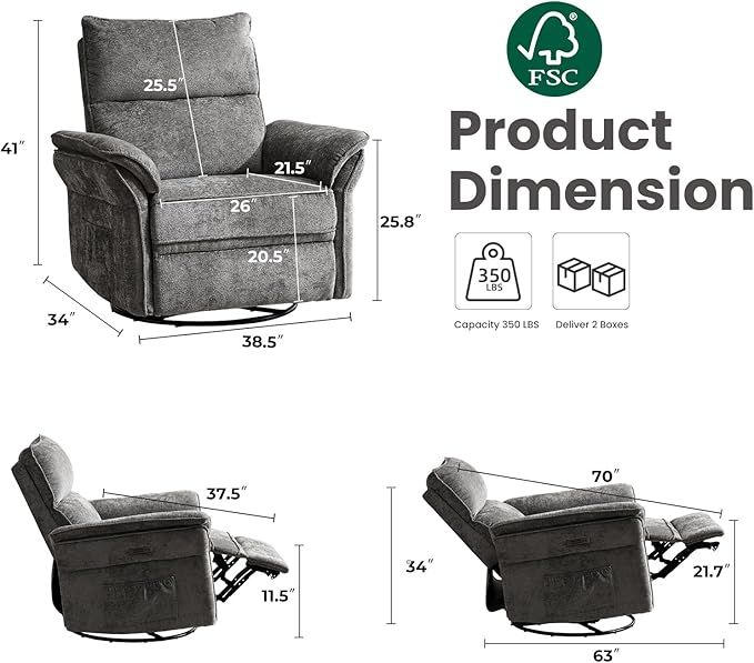 Oversized Power Recliner Chairs for Adults with Massage and Heat, Power Swivel Rocker Recliner Chair with Adjustable Headrest, 26" Extra Wide Rocker Nursery Recliner with USB Port, Dark Grey