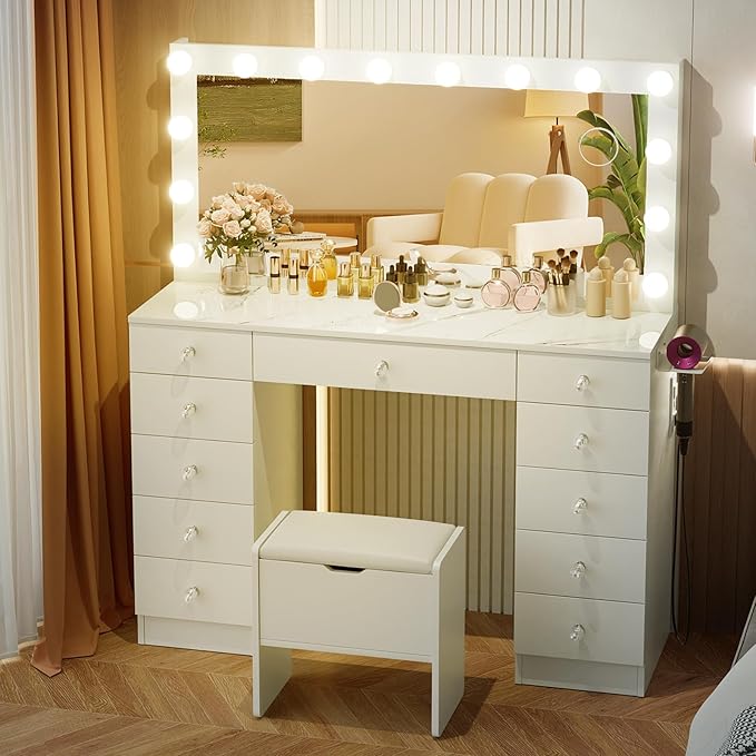 VOWNER Vanity with Lighted Mirror - Makeup Vanity Desk with 11 Drawers and Outlet, 3 Color Lighting Modes Adjustable Brightness, 46" Vanity Table with Soft Cushioned Stool for Bedroom, Marble