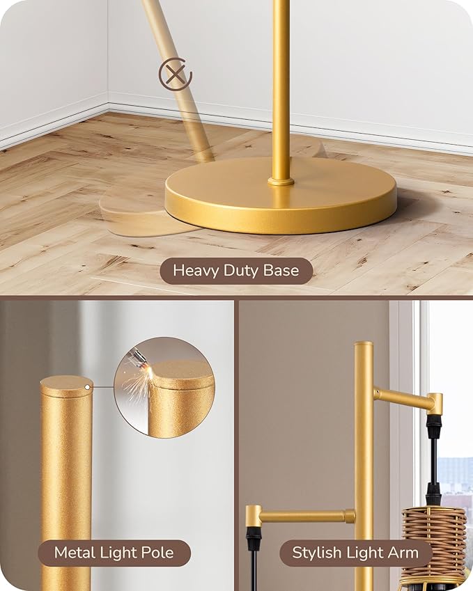 EDISHINE Dimmable Industrial Floor Lamp, Farmhouse Standing Lamp for Living Room with 3 LED Edison Bulbs, Diamond-Shaped Cage, Corner Rustic Rattan Reading Lamps for Bedroom, Office, Gold