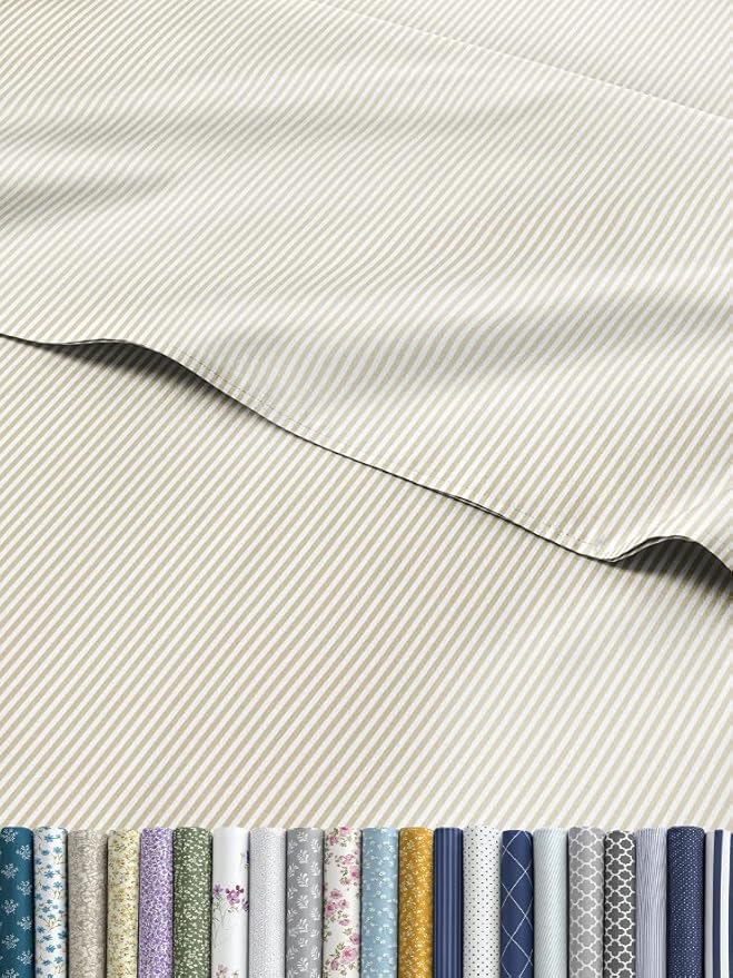 Biege Striped Sheets - Cream Bed Sheet Set - 1 Flat & 1 Fitted & 2 Pillowcases w/ Deep Pockets - Cozy, Wrinkle & Fade Resistant - Soft, Breathable, Cooling - Luxury Pinstripe Bedding - King Size