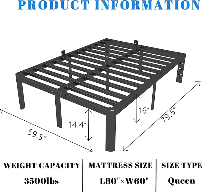 16 Inch Black Bed Frame Queen Size, Metal Platform Queen Bed Frame with Anti-Slip Baffles, No Box Spring Needed, Heavy Duty Steel Platform Support, Round Corner Design, Storage Space, Noiseless