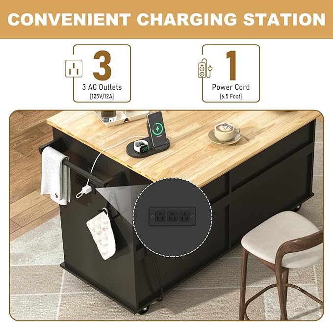 59" W Rolling Kitchen Island with Drop Leaf – Movable Kitchen Carts on Wheels Island with Storage Cabinet, Island Table for Kitchen with Rubber Wood Top and Rack and Drawer, Matte, Black