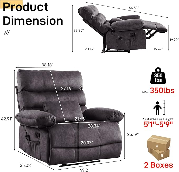 Oversized Recliner Chair Extra Wide Large Recliner for Adults 350lbs with Lumbar Support Pillow Nursery Chair Living Room (Manual, GREY-6002)