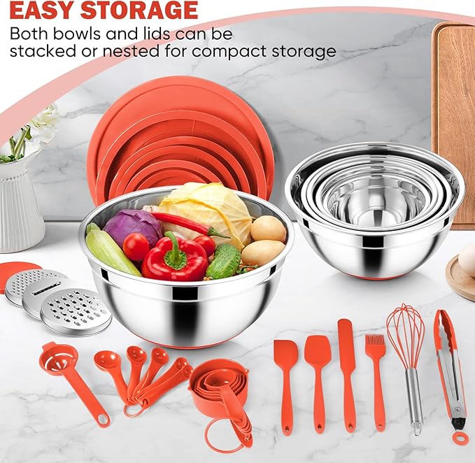 E-far Mixing Bowls with Lid Set, 25PCS Stainless Steel Nesting Prep Bowls with Grater Attachments Utensils Non-Slip Bottoms for Cooking, Baking, Serving, Food Storage, 4.6/2.6/2/1.5/1/0.7QT - Red