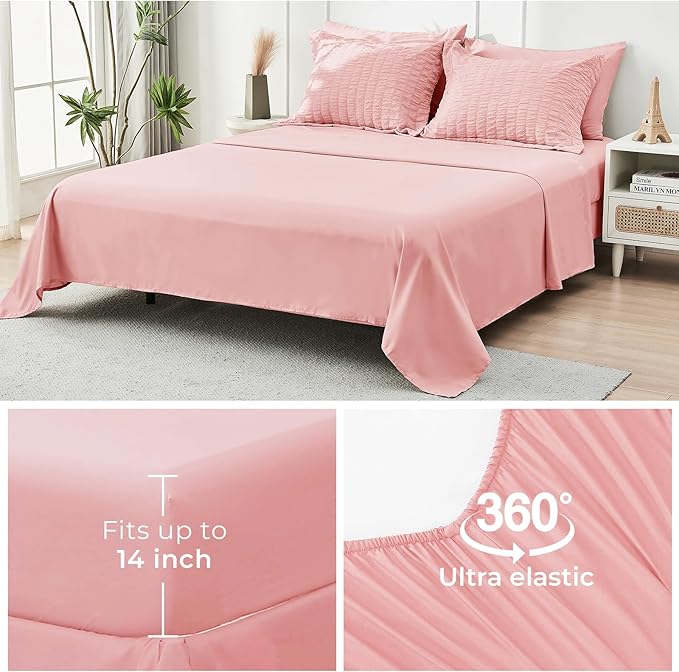 HYMOKEGE Rose Pink Queen Comforter Set Seersucker 7 Pieces, All Season Luxury Bed in a Bag Queen for Bedroom, Bedding Set with Comforter, Sheets, Pillowcases & Shams