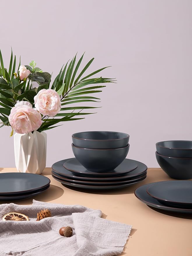 Famiware Venus Plates and Bowls Sets, 12 Pieces Stoneware Speckled Dinnerware Sets, Dishes Set for 4, Microwave and Dishwasher Safe, Matte Charcoal