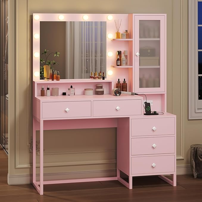 Tiptiper Makeup Vanity Desk with Mirror and Lights & Charging Station, White Vanity Table with 5 Storage Drawer & Glass Door & 3 Shelves for Bedroom,Pink