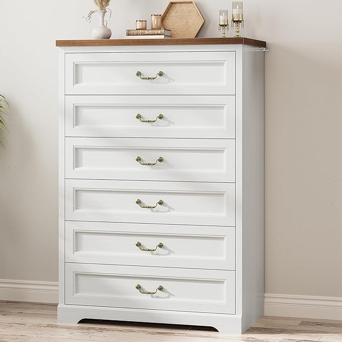 DICTAC Farmhouse 6 Drawers Dresser for Bedroom,51.2" Tall Rustic Wood Chest of Drawers,Large Storage Chest with Vintage Metal Handles, White Dresser for Bedroom,Closet,Hallway,White