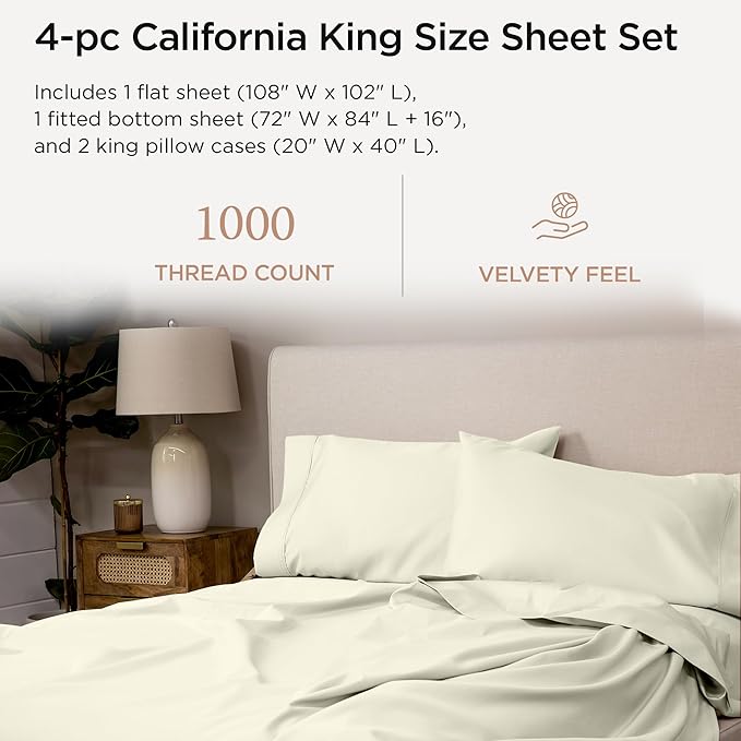 Threadmill Supima Cotton Sheets - California King, 1000 Thread Count, 4 Pc Luxury Set, Ivory with Deep Pocket