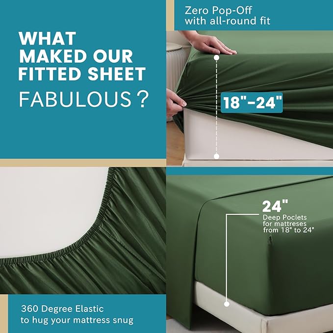 Bedlifes King Sheet Set, Extra Deep Pocket 18-24 Inches,1000Thread Count 100% Egyptian Cotton, Soft and Breathable Sateen 4-Piece,Forest Green
