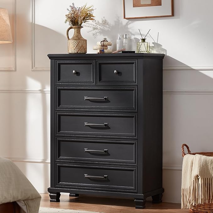 Farmhouse 6 Drawer Dresser for Bedroom, 45 Inch Tall Vintage Wood Chest of Drawers, Rustic Dressers w/Square Wooden Legs, Mid-Century Storage Organizer for Living Room, Hallway, Black