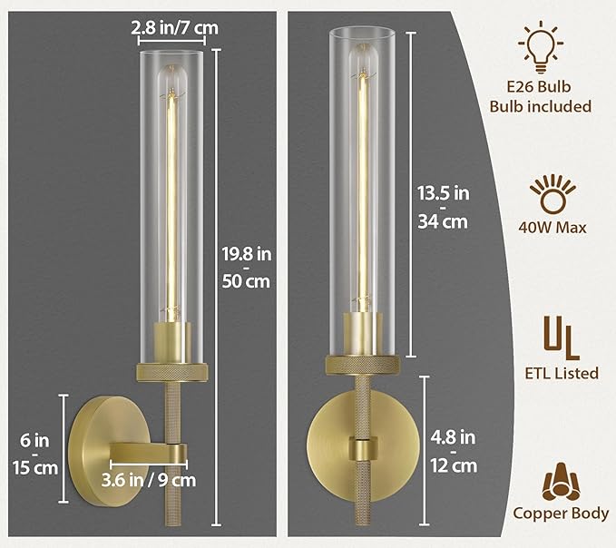 Modern Brass Wall Sconces, Glass Tube Sconces, Gold Bathroom Vanity Light Fixtures, Indoor Wall Sconces for Living Room Bedroom Hallway Kitchen Bathroom Mirror(Including Bulb)