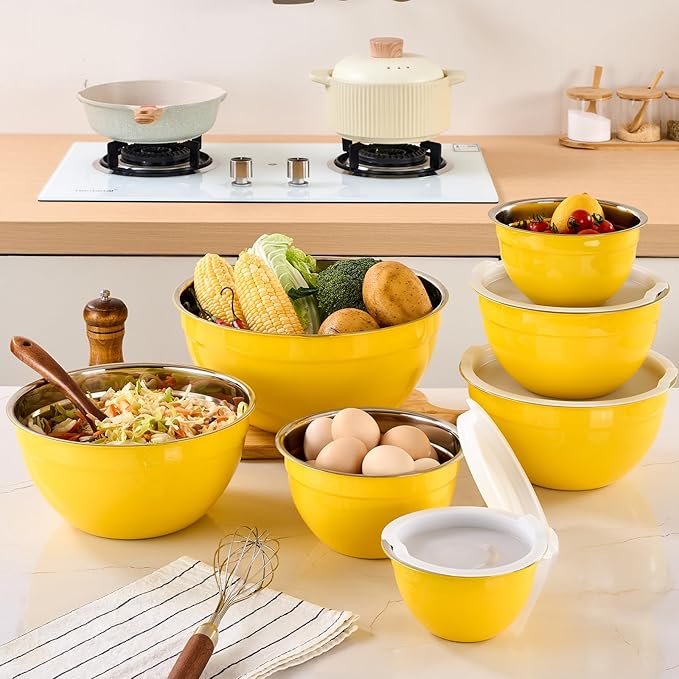 Yellow Mixing Bowls with Airtight Lids, Stainless Steel Nesting Mixing Bowls Set of 7, Ideal for Baking, Prepping and Serving Food, Size 7, 3.6, 2.7, 2.1, 1.5, 1.1,0.8 QT, Stackable Design
