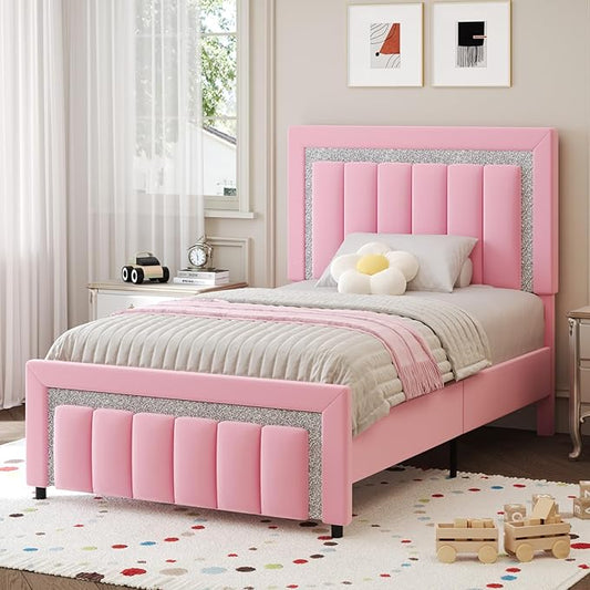 HOMBCK Twin Size Bed Frame with Headboard, Velvet Upholstered Platform Bed with Wooden Slats Support, Mattress Foundation, Twin Bed Frames for Girls, No Box Spring Needed, Easy Assembly, Pink