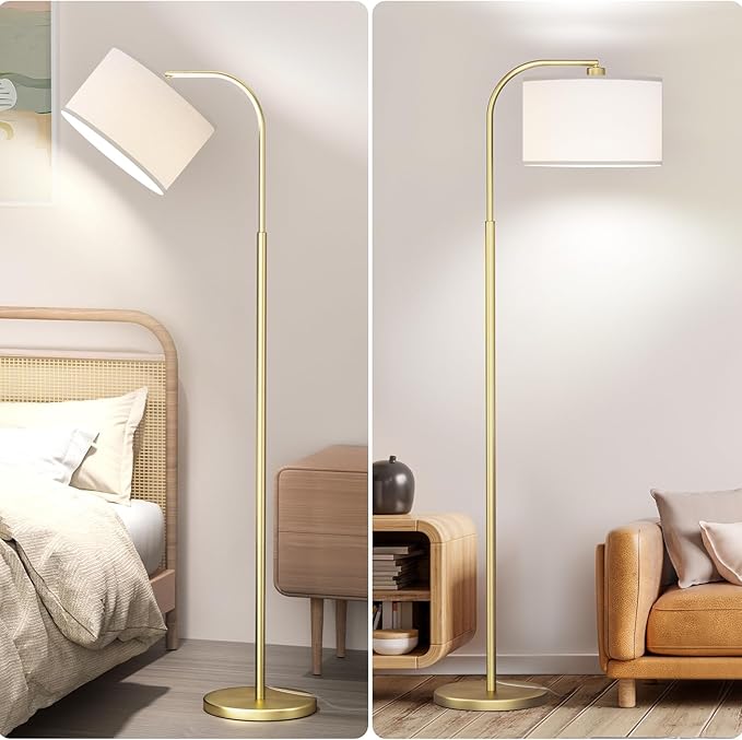 Arc Floor Lamps for Living Room with 3 Color Temperatures, Modern Floor Lamp Reading Light with 9W Bulb Included, Standing Lamp with Adjustable White Hanging ‎Lampshade for Bedroom Office(Gold)