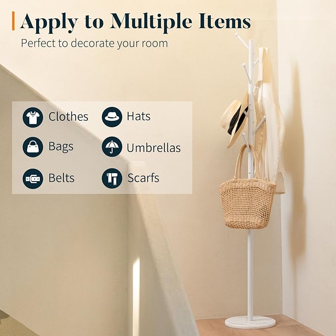 Yoobure Coat Rack Freestanding with Natural Marble Base - Coat Tree with 8 Hooks Heavy Duty Coat Hanger Stand, Metal Coat Rack Stand for Jacket, Hat, Clothes & Bag, Hall Tree Hat Rack for Entryway
