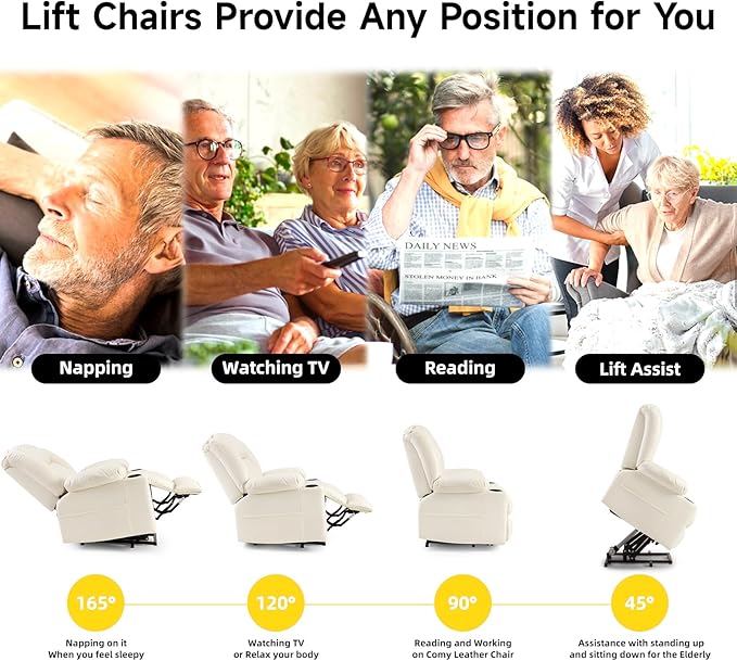 Large Power Lift Chair Recliner for Elderly with Heated and Massage, Overstuffed Adjustable Lift Chair, 3 Position, Breathable Leather, USB-A&USB-C, Cup Holder, Beige