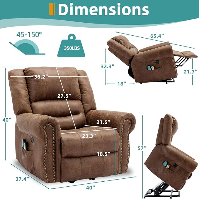 MEETWARM Large Power Lift Electric Recliner Chair for Elderly with Massage and Heat, Overstuffed Wide Recliner, Heavy Duty Sofa for Living Room with 2 Remote Control/USB Ports/Side Pockets(Brown)