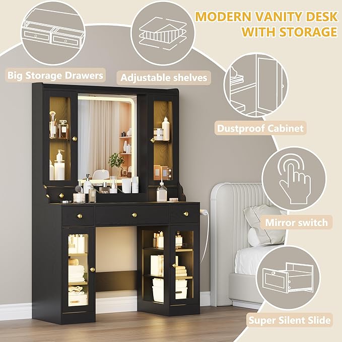Vanity Desk with Mirror and Lights, Black Makeup Vanity Table with 3 Modes & Adjustable Brightness, Glass Cabinets, Drawers, Outlet, Modern Dressing Table for Bedroom, Girls, Women, Teens