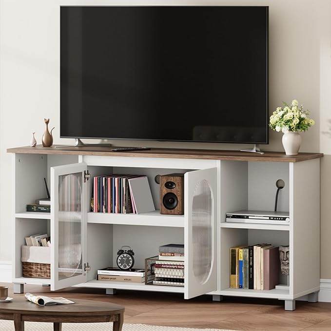 71" Modern Farmhouse TV Stand - Corrugated Glass Door Media Console with 3 Open Shelves, 15" D x 29" H Entertainment Center (White & Dark Brown)