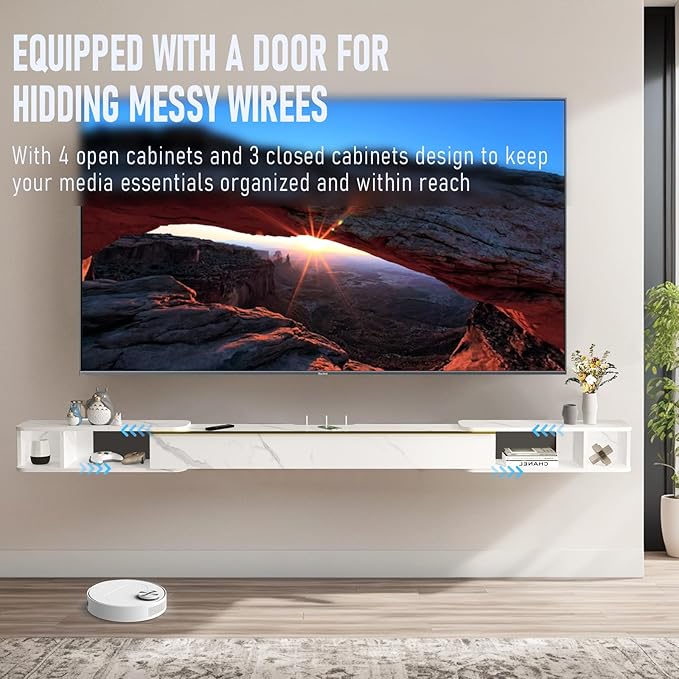 Pmnianhua Retractable Length Floating TV Stand,Minimalist Floating TV Shelf,Wall Mounted TV Console,Adjustable 87'' to 122'' Floating Entertainment Center with Storage for Bedroom Living Room(White)