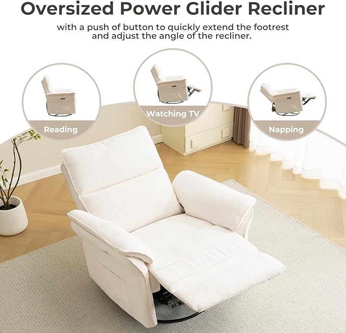 Oversized Power Recliner Chairs for Adults with Massage and Heat, Power Swivel Rocker Recliner Chair with Adjustable Headrest, 26" Extra Wide Rocker Nursery Recliner with USB Port, White