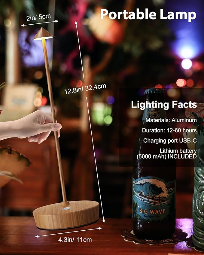 Cordless Table Lamps Rechargeable, 6000mAh Battery Operated LED Desk Lamp Outdoor Waterproof Portable Touch Dimmable Table Light for Patio Restaurant Dining Home Set of 2 Wooden