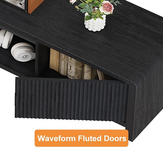 FATORRI TV Stand for 75/65/55 Inch TVs, Mid Century Modern Entertainment Center with Storage, Wooden Television Media Console Cabinet with Fluted-Door for Living Room, Bedroom (63 Inch W, Black)