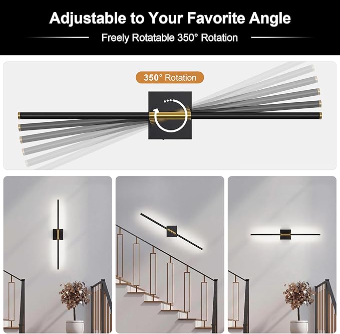Black Gold Hardwired Wall Sconces, Modern Wall Light, 29.1 Inch Not Dimmable Wall Light Fixtures, 350° Rotate LED Wall Lamp for Bedroom, Living Room, Bathroom, Hallway